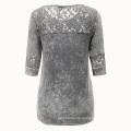 women comfortable nice looking loose fit T-shirt with lace shoulder snow washed graphite gray blouse lace tunic round neck top